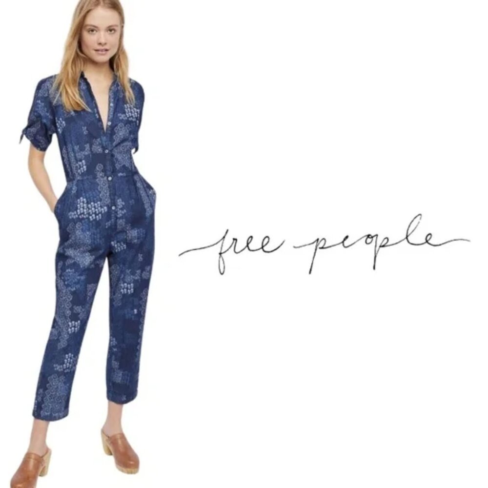 Free People Indigo Daze patterned denim jumpsuit size small